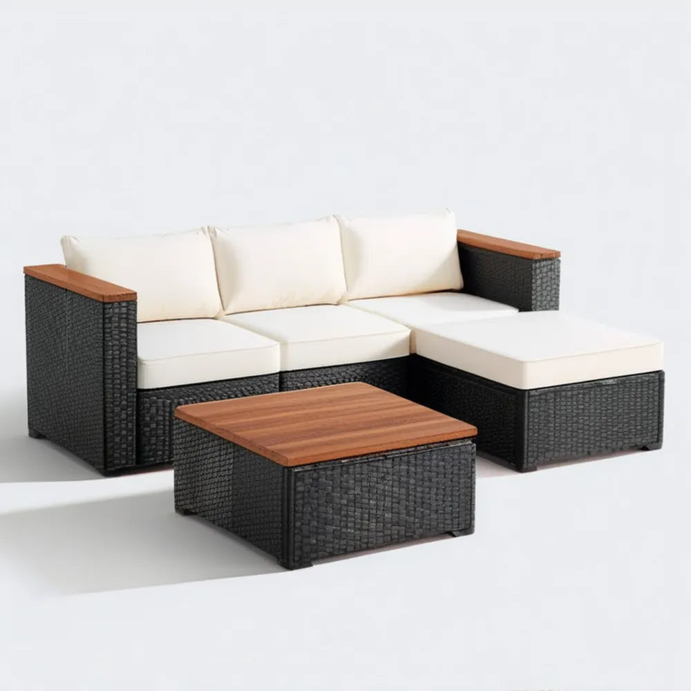 Narożna sofa ogrodowa z technorattanu ze stolikiem, czarna/kremowa/brązowa, 210 × 140 × 65 cm
