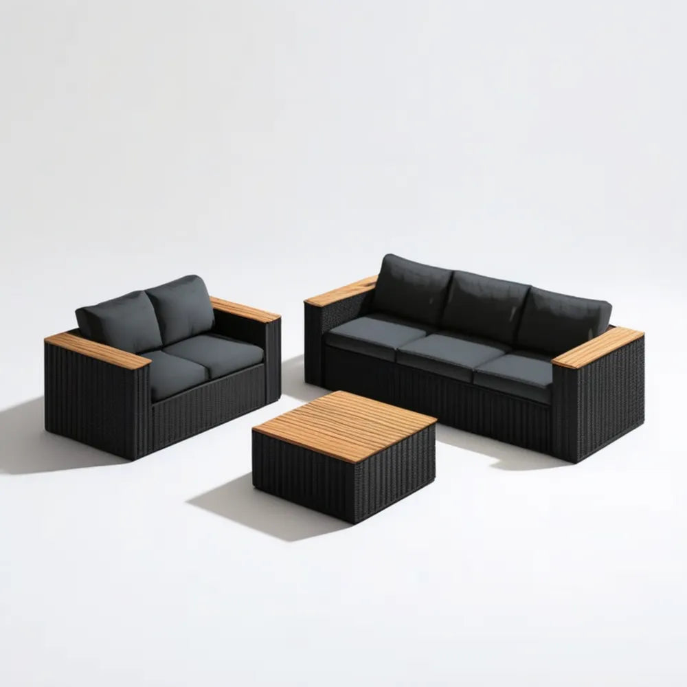 Czarno-brązowy zestaw wypoczynkowy z technorattanu PE, sofa 3-osobowa 180 x 75 x 65 cm, sofa 2-osobowa i stolik