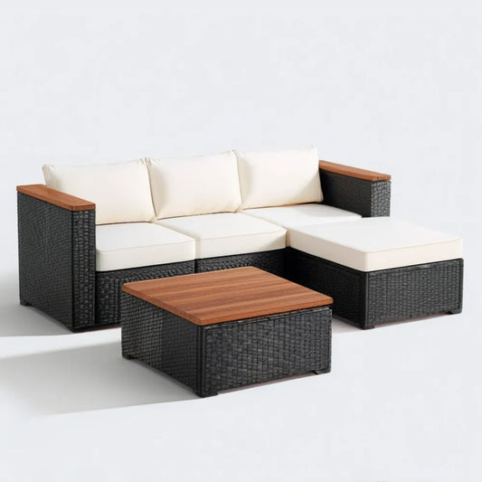 Narożna sofa ogrodowa z technorattanu ze stolikiem, czarna/kremowa/brązowa, 210 × 140 × 65 cm