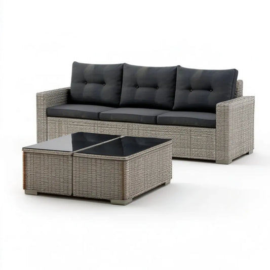 Szara sofa 3-osobowa z technorattanu PE ze stolikiem 195 x 75 x 65 cm