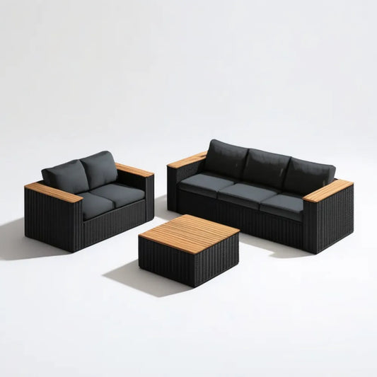 Czarno-brązowy zestaw wypoczynkowy z technorattanu PE, sofa 3-osobowa 180 x 75 x 65 cm, sofa 2-osobowa i stolik